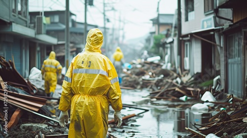 Cleanup Crew in Protective Gear after Powerful Typhoon