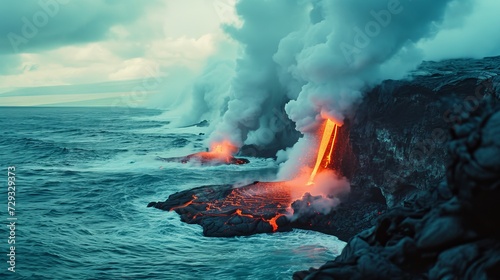 Erupting volcano with lava flowing into the ocean