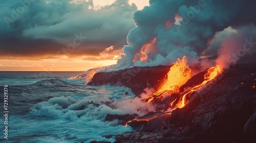 Erupting volcano with lava flowing into the ocean © AlissaAnn