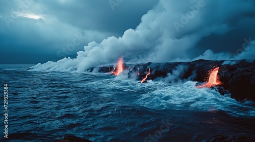 Erupting volcano with lava flowing into the ocean