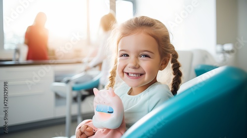 At the doctor's appointment. A candid emotional photo of a child sitting in a dental chair, holding a toy rabbit and cheerfully giving a high-five to the nurse photo