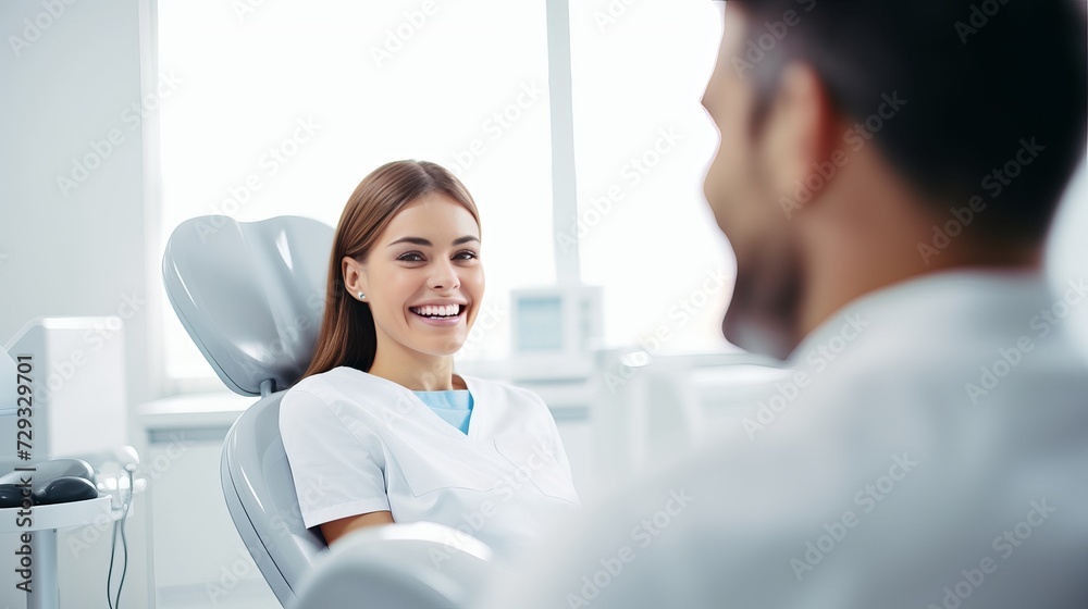 Attractive young woman in stomatology clinic with male dentist. Healthy teeth concept Attractive young woman in stomatology clinic with male dentist. Healthy teeth concept