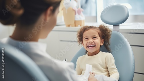 At the doctor's appointment. A candid emotional photo of a child sitting in a dental chair, holding a toy rabbit and cheerfully giving a high-five to the nurse