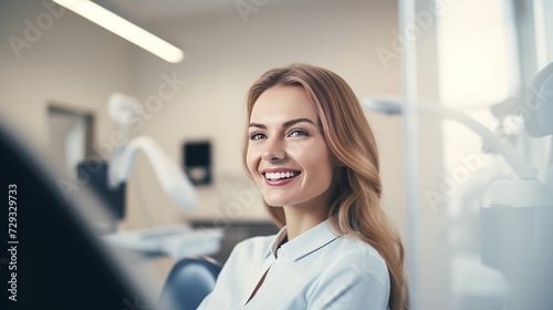 Attractive young woman in stomatology clinic with male dentist. Healthy teeth concept