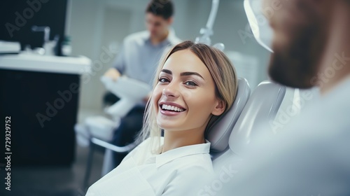 Attractive young woman in stomatology clinic with male dentist. Healthy teeth concept