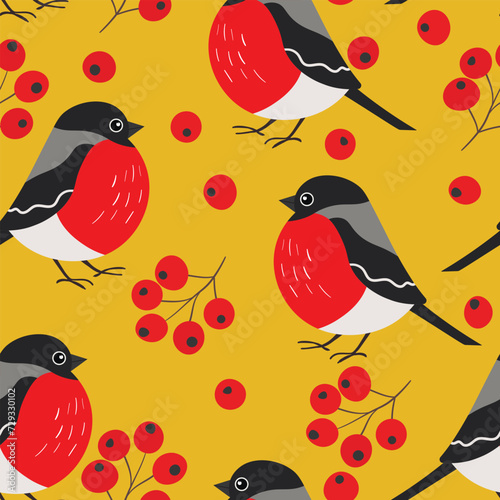Seamless pattern with funny colorful bullfinch birds, flowers and berries. Color flat vector illustration with little cartoon bird. Cute characters. Design for invitation, card, textile, fabric