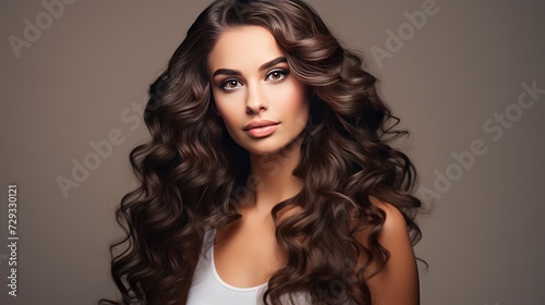 Beauty brunette girl with long shiny curly hair . Beautiful smiling woman model wavy hairstyle . Cosmetology, cosmetics and make-up