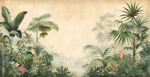 wallpaper jungle and leaves tropical forest - drawing vintage