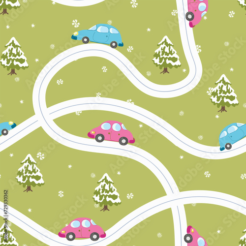 Seamless pattern with cute cars, christmas tree on color winter background. Cartoot transport. Vector illustration. Doodle style. Design for baby print, invitation, poster, card, fabric, textile