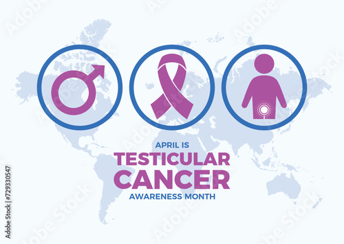 April is Testicular Cancer Awareness Month poster vector illustration. Purple cancer awareness ribbon, male symbol round icon set vector. Suitable for greeting card, poster and banner. Important day