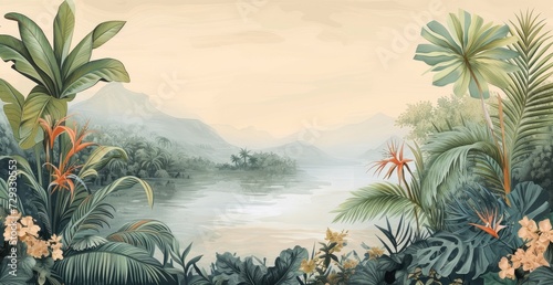 wallpaper jungle and leaves tropical forest - drawing vintage