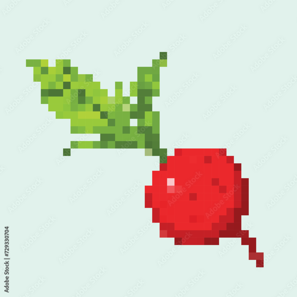8 bit pixel vector illustration of raw red radish isolated on square light green background. Simple flat Raphanus sativus cartoon retro game art styled drawing. 8 bit pixel vector illustration of raw red radish isolated on square light green background. Simple flat Raphanus sativus cartoon retro game art styled drawing.