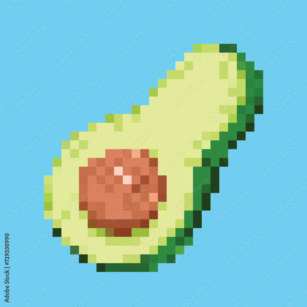 8 bit pixel vector illustration of raw sliced in half avocado isolated on square blue background. Simple flat Persea americana cartoon retro game art styled drawing. 8 bit pixel vector illustration of raw sliced in half avocado isolated on square blue background. Simple flat Persea americana cartoon retro game art styled drawing.