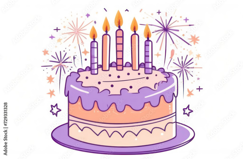 A flat illustration a charming birthday cake in purple and pastel peach, adorned with candles, set against a vibrant background. A flat illustration a charming birthday cake in purple and pastel peach, adorned with candles, set against a vibrant background.