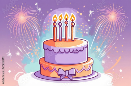 A birthday cake adorned in purple and pastel peach hues  accompanied by candles  against a firework-lit background  flat illustration.Birthday greeting card concept anniversary card concept.