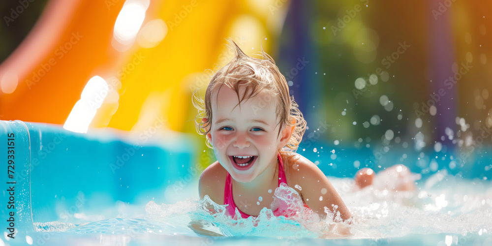 Child laughing and having fun at the water park in the water, water activities in children Child laughing and having fun at the water park in the water, water activities in children