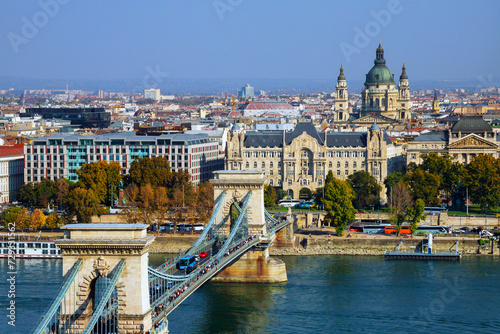 Szechenyi Chain Bridge over Danube river scape at landscape Budapest Hungarian photo
