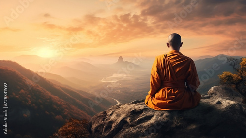A Tibetan monk from back sitting on the stone near the water in the background of foggy mountains sky, nature, meditation, spiritual growth, house, temple