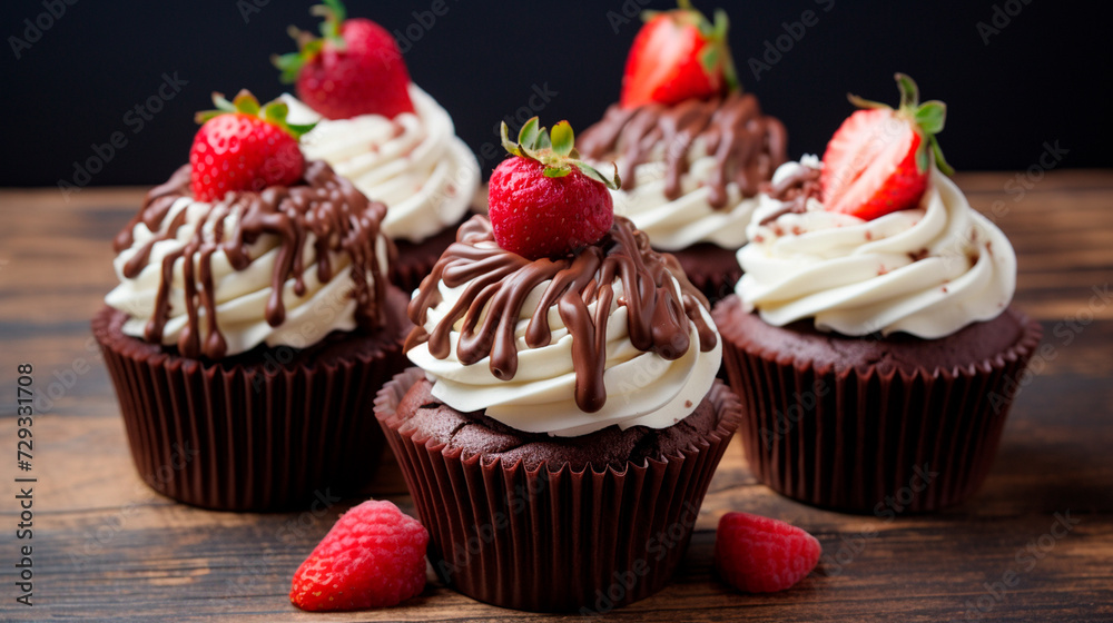 three cupcakes with chocolate frosting and strawberries
