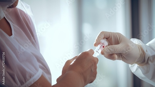 Doctor making a vaccination into patient with needle getting immune vaccine at arm for flu shot, coronavirus protective of epidemic
