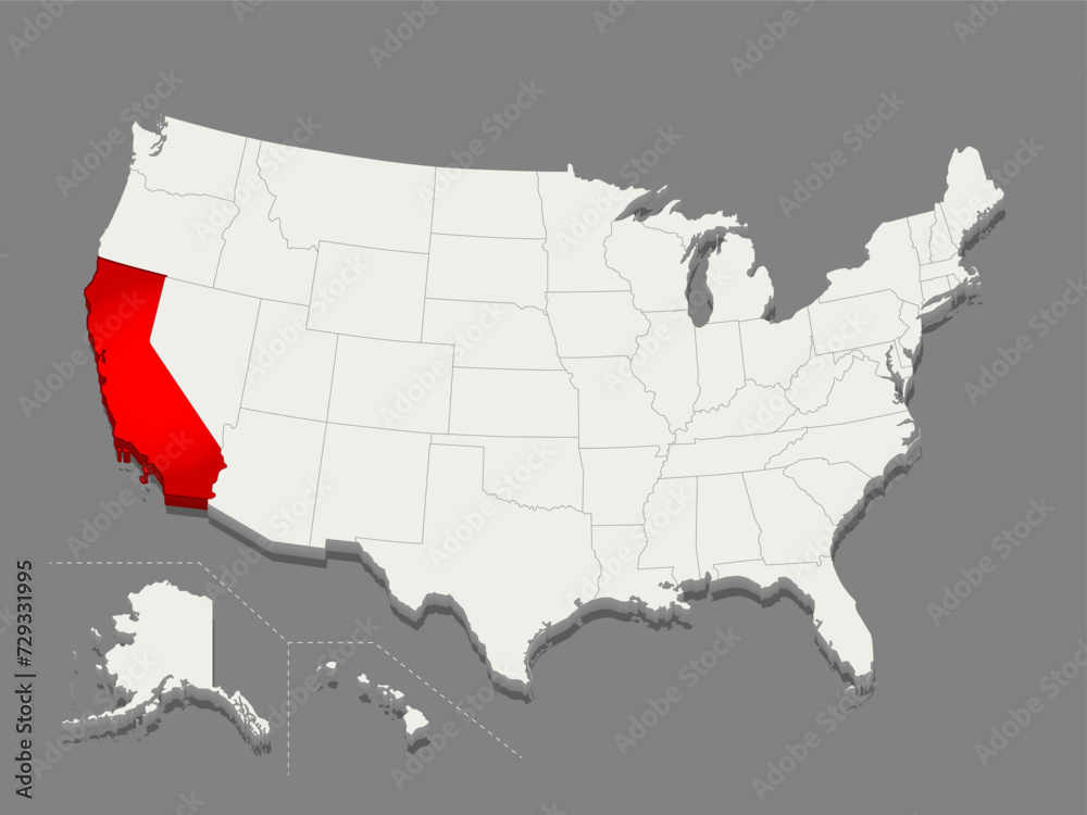 The state of California is highlighted in red on a minimalistic map of the USA in white on dark background. Thin clean lines. Vector illustration.