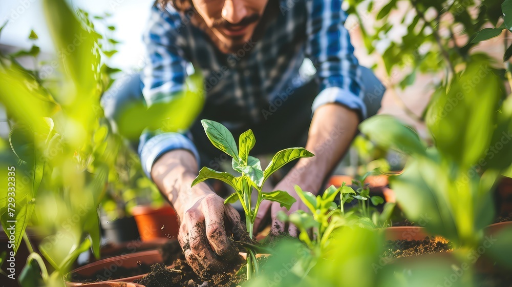 Fototapeta premium Amidst the symphony of buzzing bees and rustling leaves, the man's hands work tirelessly, their touch a testament to his commitment to sustainability and self-sufficiency