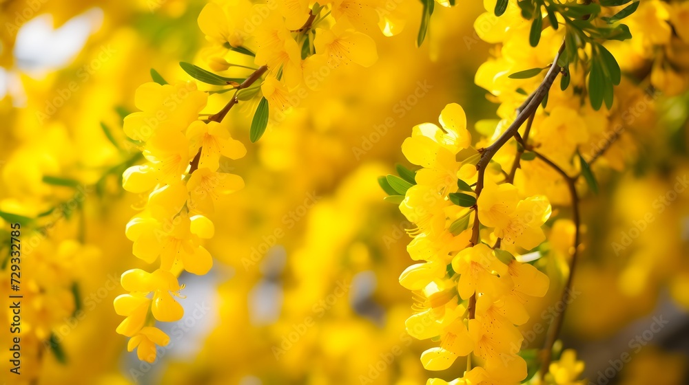 Blooming yellow acacia tree. Close up of yellow blooming spring flowers
