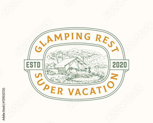 Glamping Recreation Retro Frame Badge Logo Template. Hand Drawn Comfortable Outdoor Tent with Mountains and Forest Landscape Sketch with Typography. Nature Rest Emblem Isolated