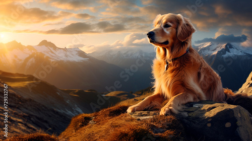 a dog sitting on a hill with a sunset in the background