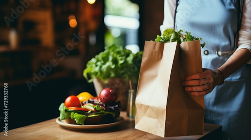 Healthy meal slimming diet plan daily ready menu background, organic fresh dishes and smoothie, fork knife on paper eco bag as food delivery courier service at home in office concept, close photo
