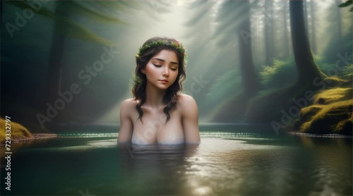 森の中で入浴する女神