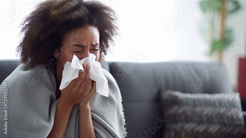 Ill african young woman covered with blanket blowing running nose got fever caught cold sneezing in tissue sit on sofa, sick allergic black girl having allergy symptoms coughing at home,