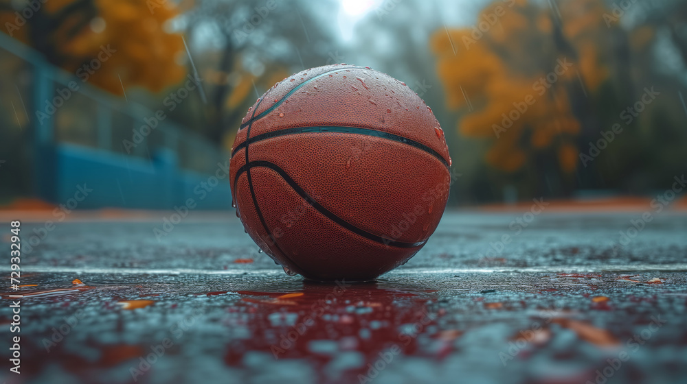 A basketball lies on the field during a rainstorm with water drops A basketball lies on the field during a rainstorm with water drops