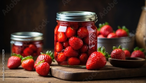 Strawberry jam glass jar. Summer fruit preserve sweet jelly dessert