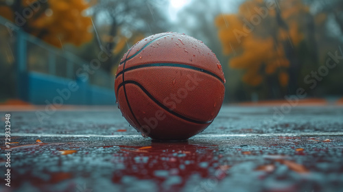 A basketball lies on the field during a rainstorm with water drops © Alina Zavhorodnii