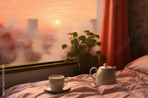 Good morning. Kettle and teacup are on bed. Sun rises behind large open window. Soft peach morning light creates warm background