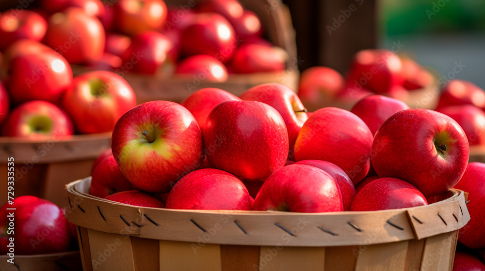 a bunch of baskets of red apples sitting on a table a bunch of baskets of red apples sitting on a table