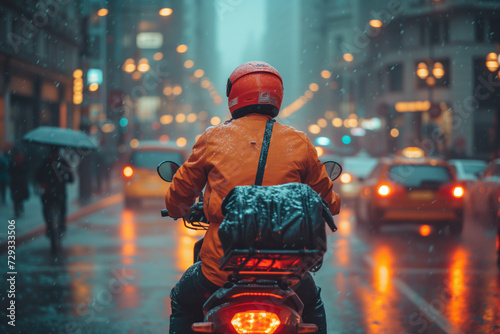 Delivery man on scooter with delivery box on the back