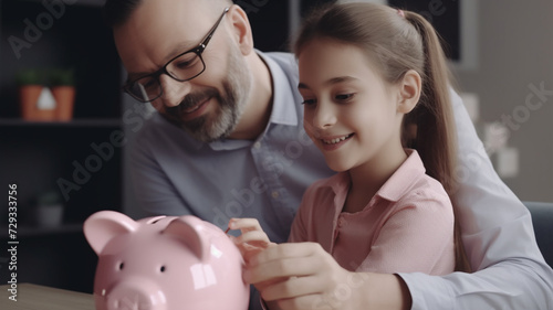 Daughter and father with piggy bank at home
