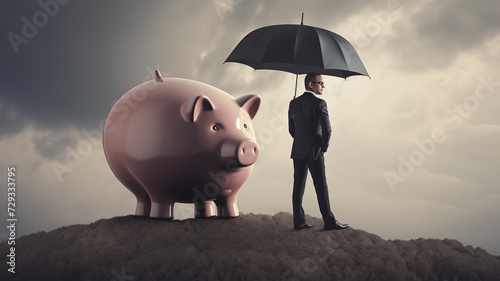 man standing with umbrella on top of oversized piggy bank photo