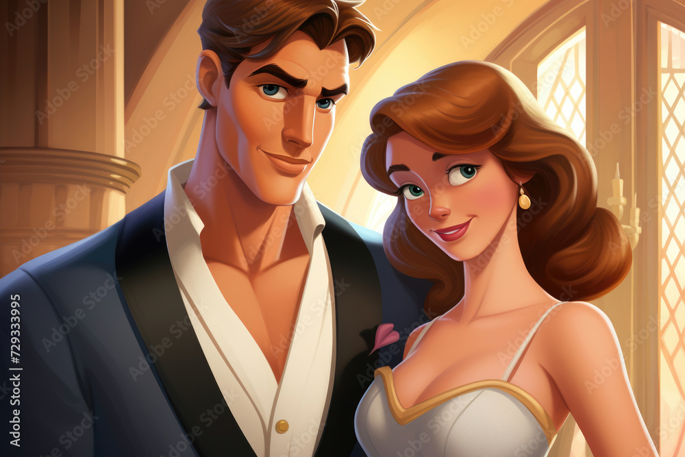 An animated portrait of a dashing couple dressed in formal attire, sharing a glance, evoking a sense of romance and elegance with a warm ambient light. An animated portrait of a dashing couple dressed in formal attire, sharing a glance, evoking a sense of romance and elegance with a warm ambient light.