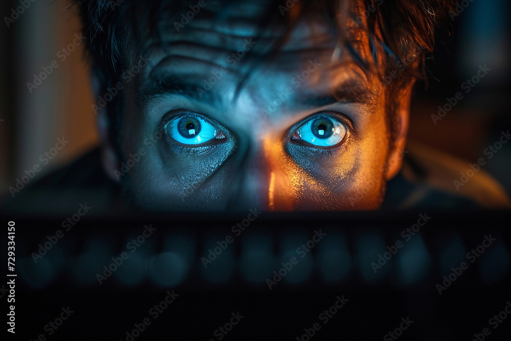 A person's reflection in the dark screen of a turned-off computer, their face showing the shock of losing money to an online investment scam