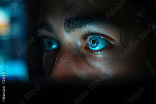 A person's reflection in the dark screen of a turned-off computer, their face showing the shock of losing money to an online investment scam