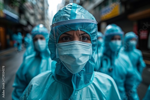 Healthcare workers' strike in protective gears during a health crisis.