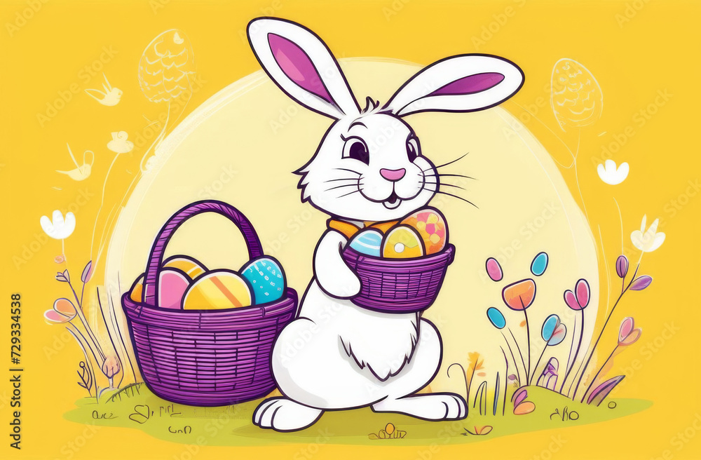 White rabbit in a basket with colored eggs in a field for Easter White rabbit in a basket with colored eggs in a field for Easter