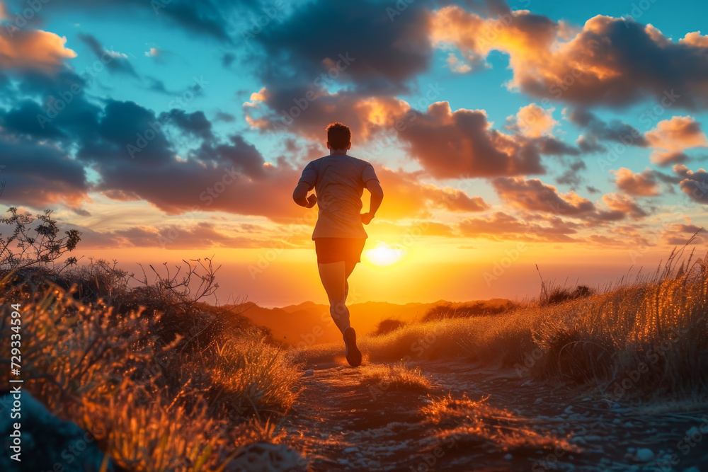 silhouette of a  male person running into the sunset, enhanced version, large, commercial sports