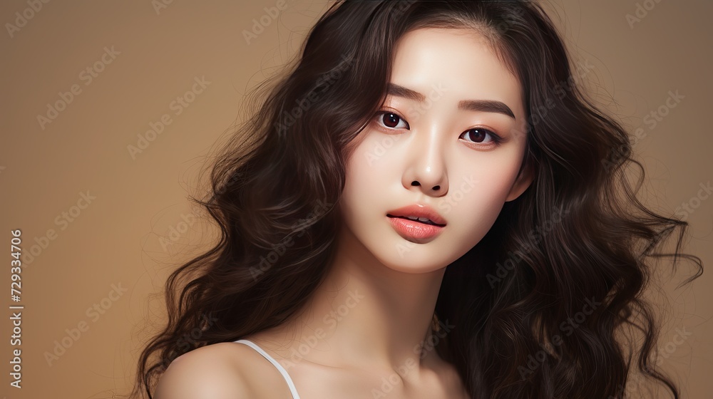 Young Asian beauty woman curly long hair with korean makeup style touch her face and perfect skin on isolated beige background. Facial treatment, Cosmetology, plastic surgery Young Asian beauty woman curly long hair with korean makeup style touch her face and perfect skin on isolated beige background. Facial treatment, Cosmetology, plastic surgery