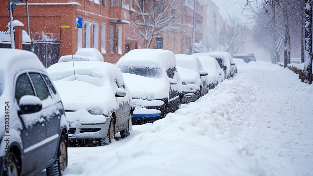 Fototapeta premium Snow-Covered Cars Lined Up During Snowfall