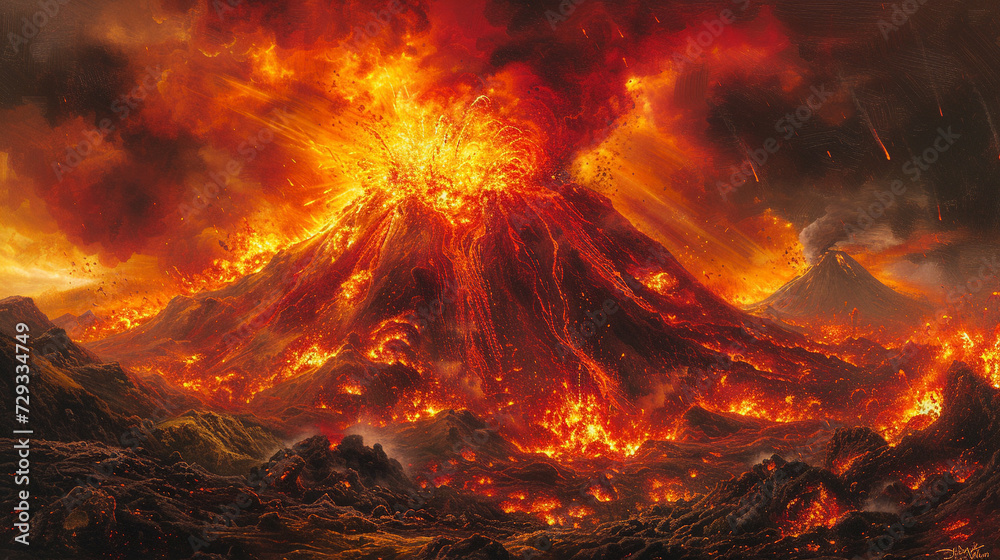 The intensity of a volcanic eruption, with fiery reds and oranges.