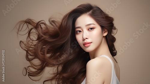 Young Asian beauty woman curly long hair with korean makeup style touch her face and perfect skin on isolated beige background. Facial treatment, Cosmetology, plastic surgery